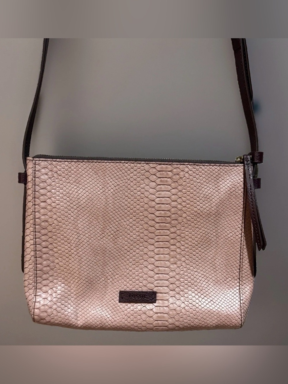 Fossil Crossbody Bag Blush Pink Snakeskin Embossed Leather Rare VG+